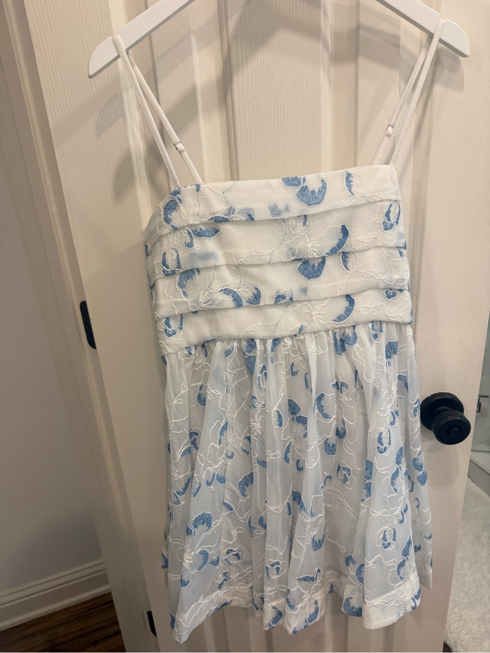 Likely White and Blue Floral Spaghetti Strap Dress